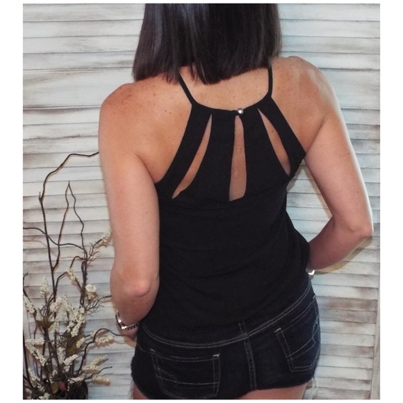 Multi Keyhole Chiffon Halter Tank Black 1018 - Picture 6 of 7